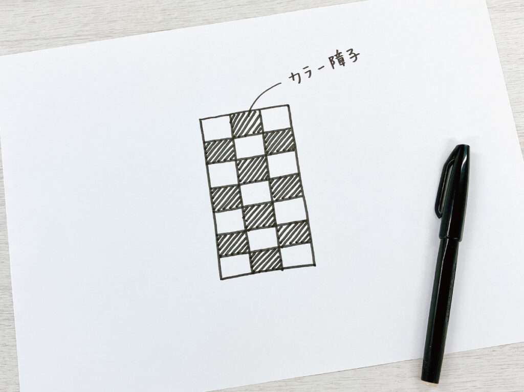 デザイン障子紙とカラー障子紙を組み合わせてオリジナルの空間づくり、配置と組み合わせをメモする。