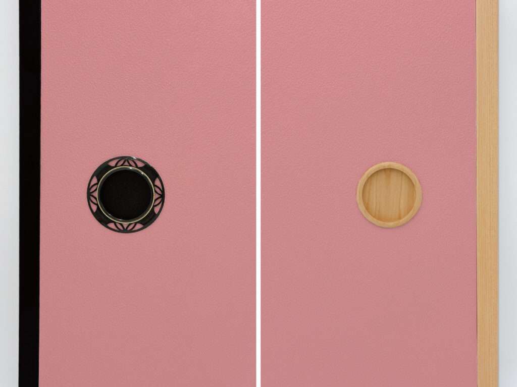 華やかなピンクの紅梅色と黒建具・木目建具の組み合わせ