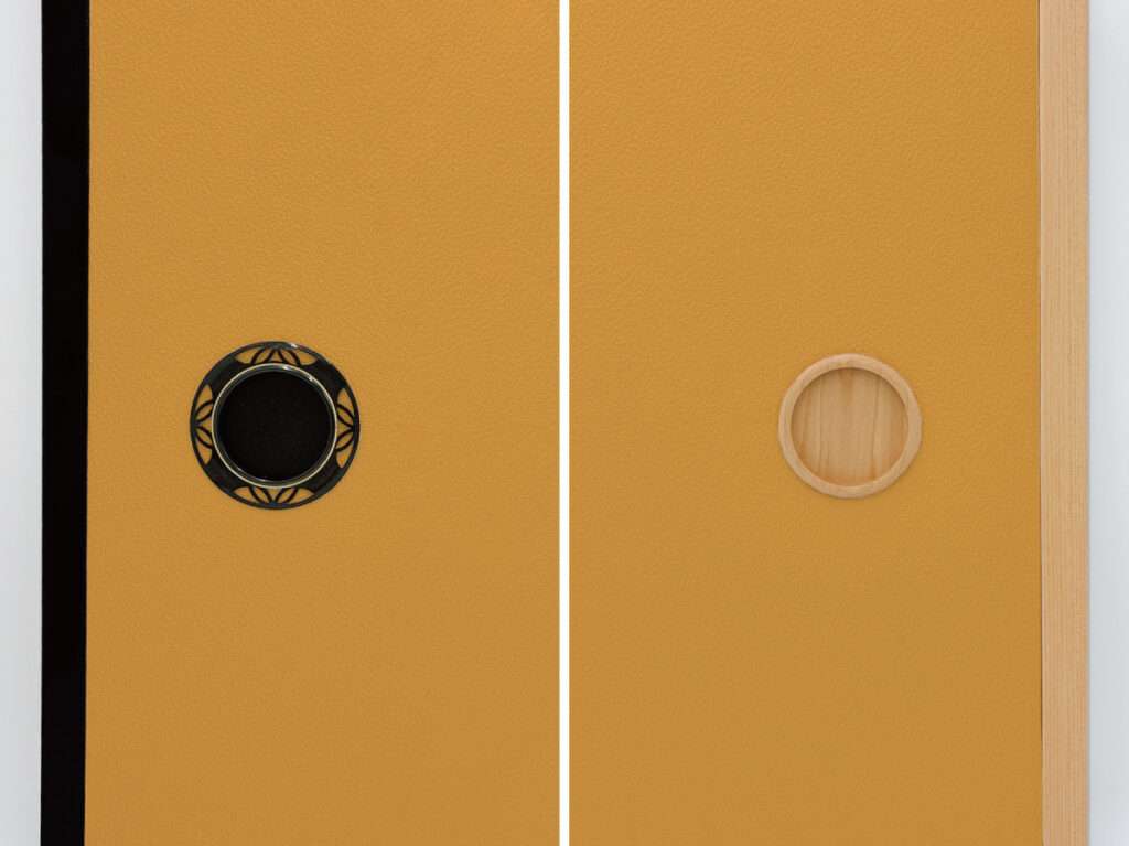 明るく華やかな柑子色と黒建具・木目建具の組み合わせ