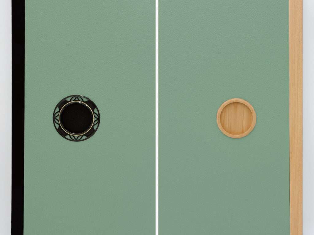 淡く軽やかなグリーン薄青と黒建具・木目建具の組み合わせ