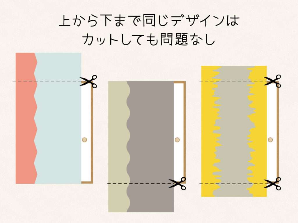ふすま用リメイクシール・エルトの貼り方攻略法。上下で同じデザインはどこでカットしても見え方はほとんど変わらない。